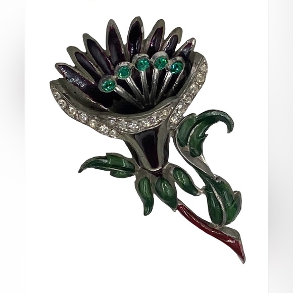 Rare Vintage Coro Enamel Rhinestone Trembler Flower Brooch Perfume Pocket